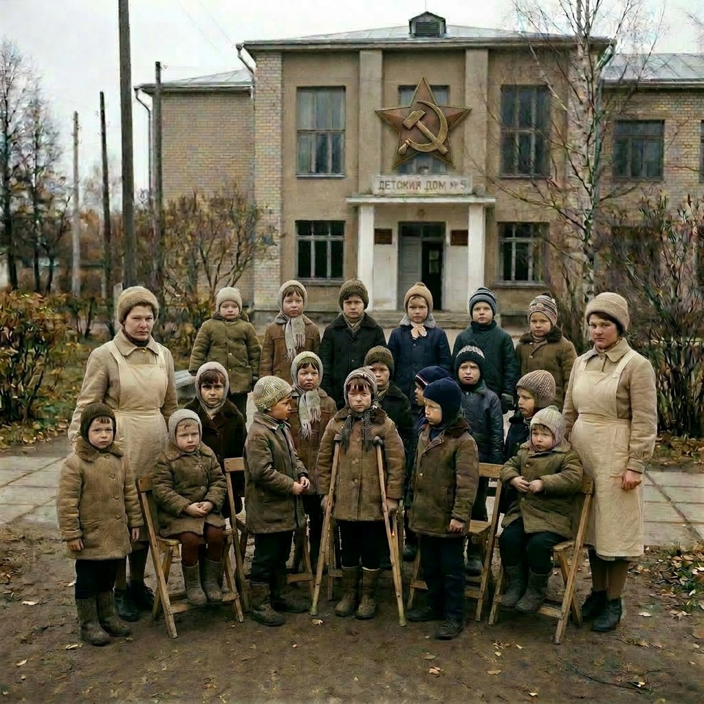 Children wearing coats and hats standing in front of a beige brick orphanage building
