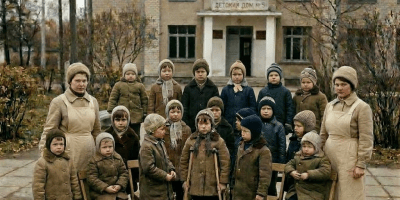 Children wearing coats and hats standing in front of a beige brick orphanage building