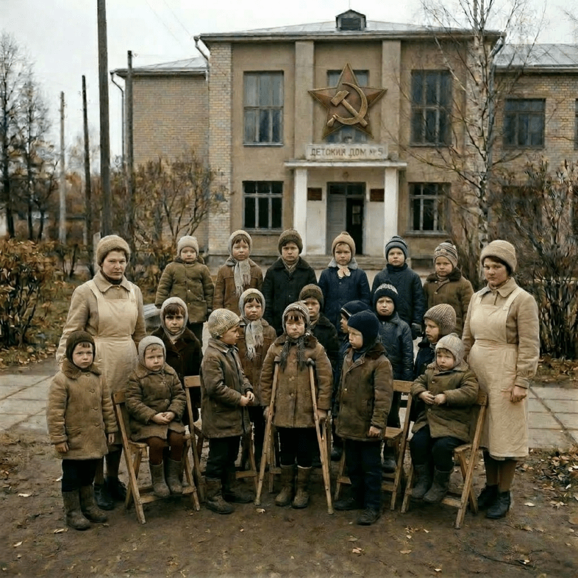 Children wearing coats and hats standing in front of a beige brick orphanage building